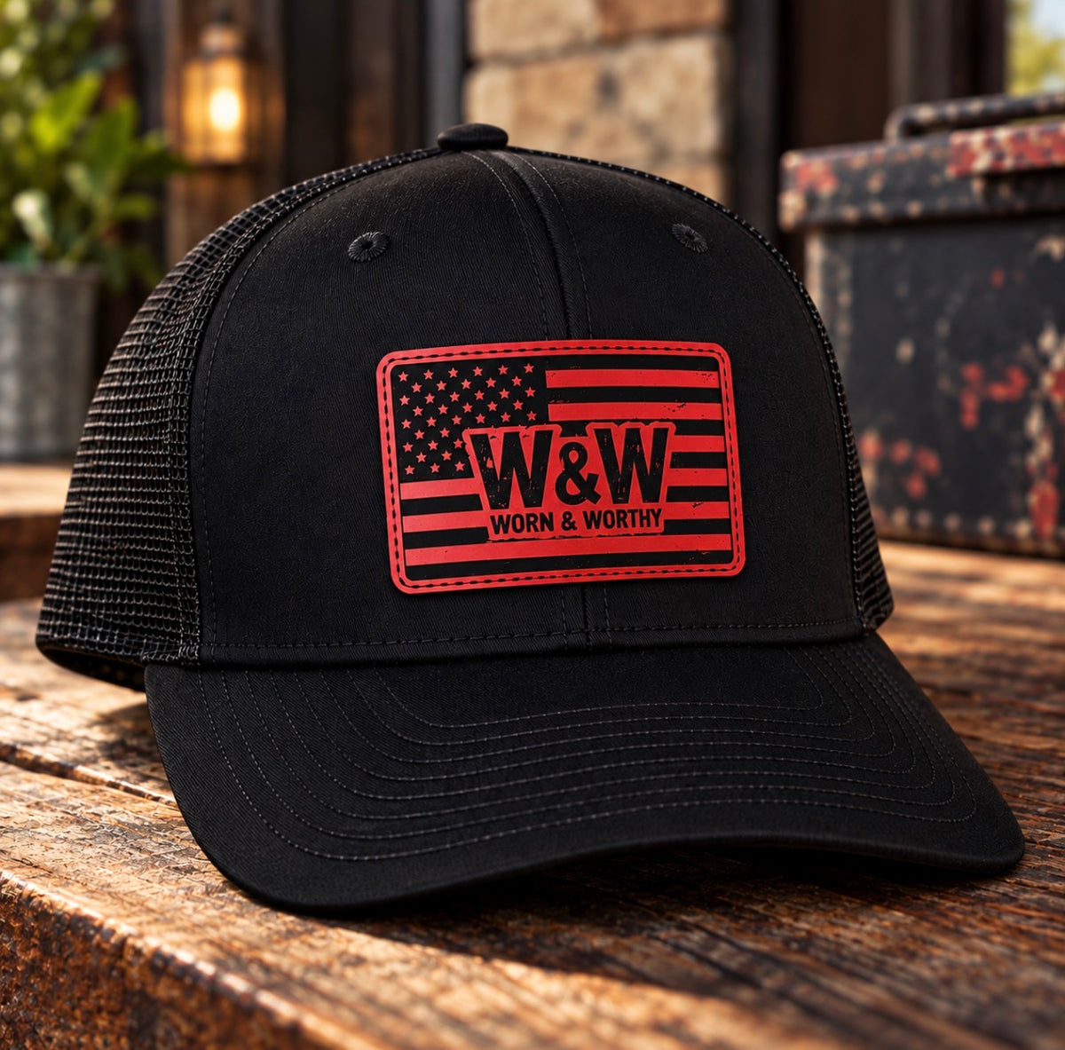 W&W Red Flag Leather Patch Hat | Black