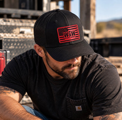 W&W Red Flag Leather Patch Hat | Black