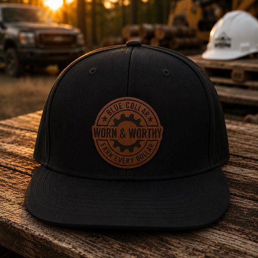 Blue Collar. Earn Every Dollar. Leather Patch Flexfit Snapback